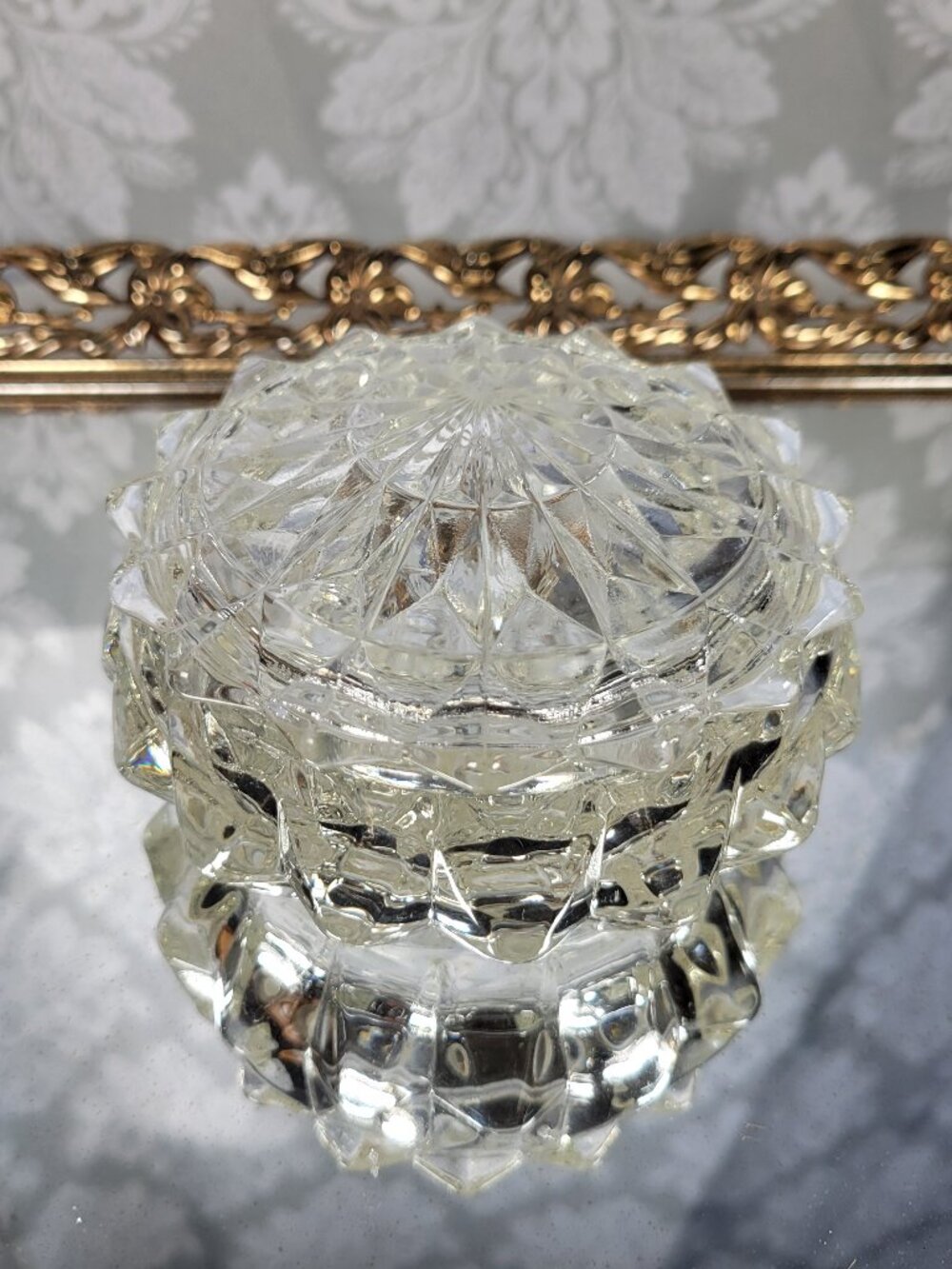 Vintage Glass Trinket Dish with Lid - Diamond Point Cut Glass